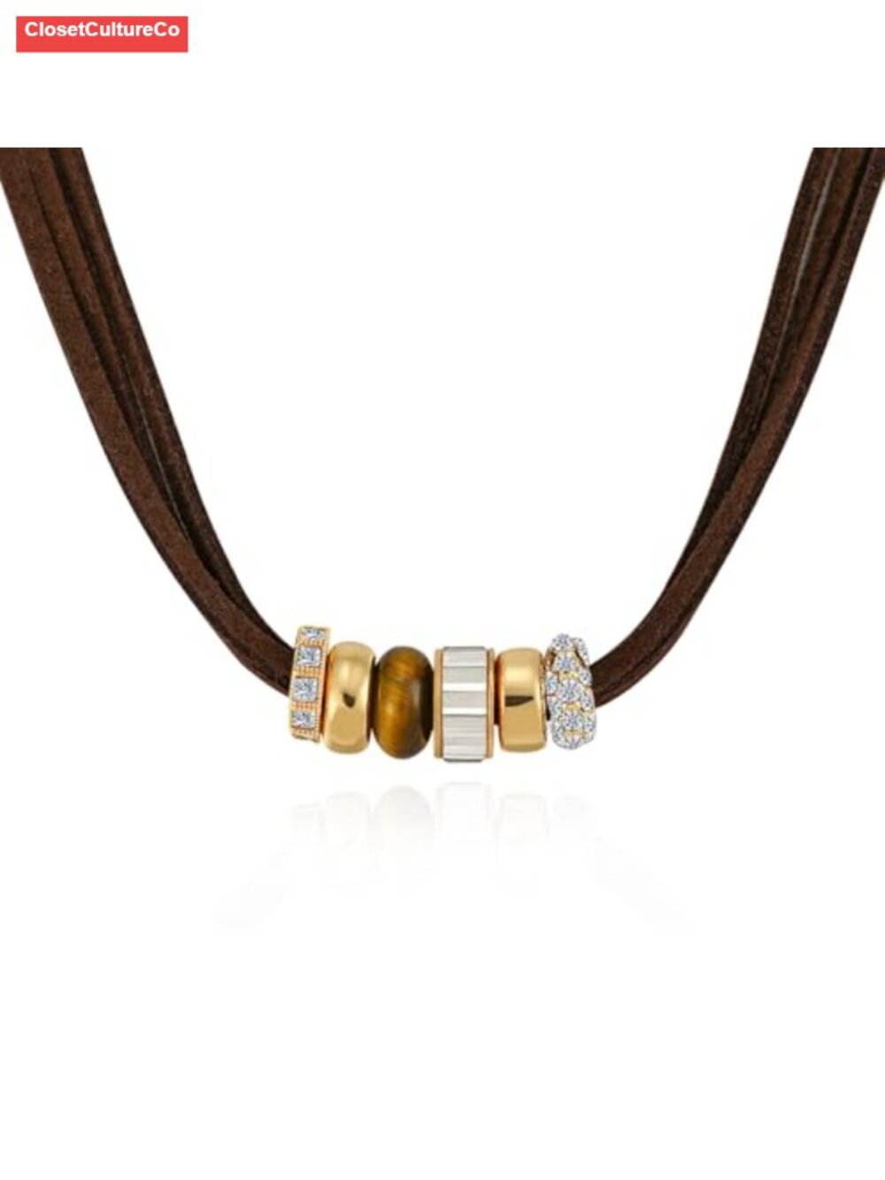 Boho Brown Leather Cord Pendant Necklace with Rhinestone & Tiger Eye Beads